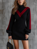 Chic Elegant Black-Red Colorblock Turtleneck Long-Sleeve Slim-Fit Ribbed Knit Mini Dress