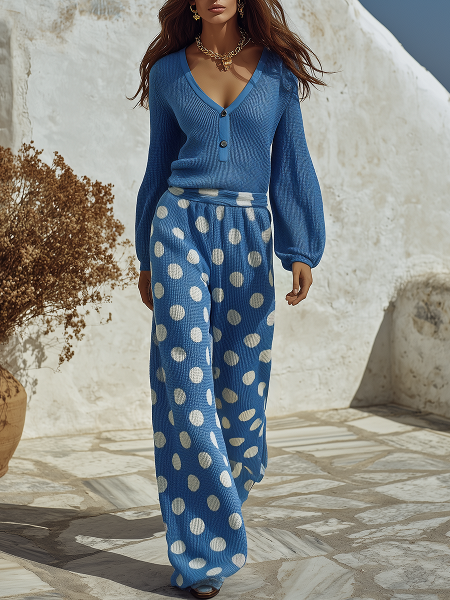Resort-style V-neck Long-sleeved Top And Polka Dot Trousers Knit Set