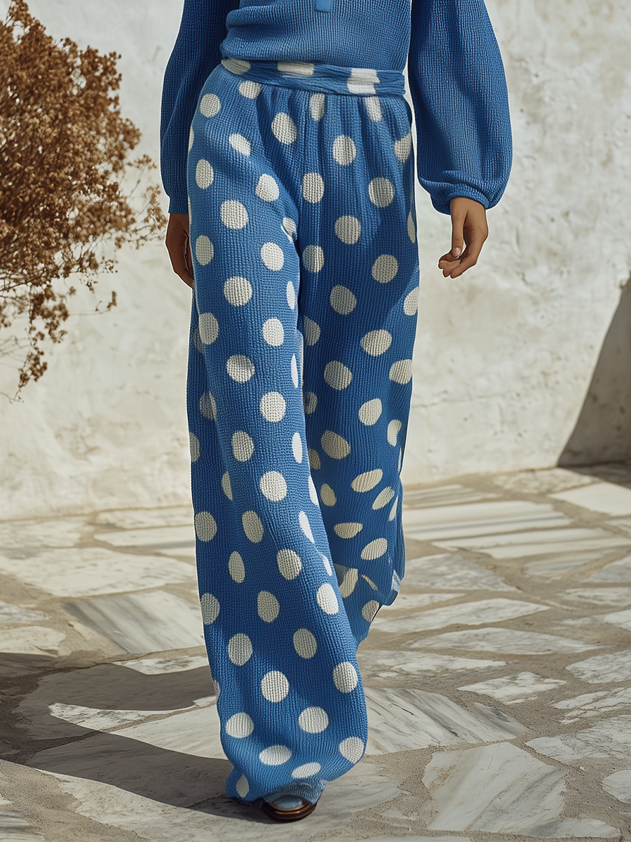 Resort-style V-neck Long-sleeved Top And Polka Dot Trousers Knit Set