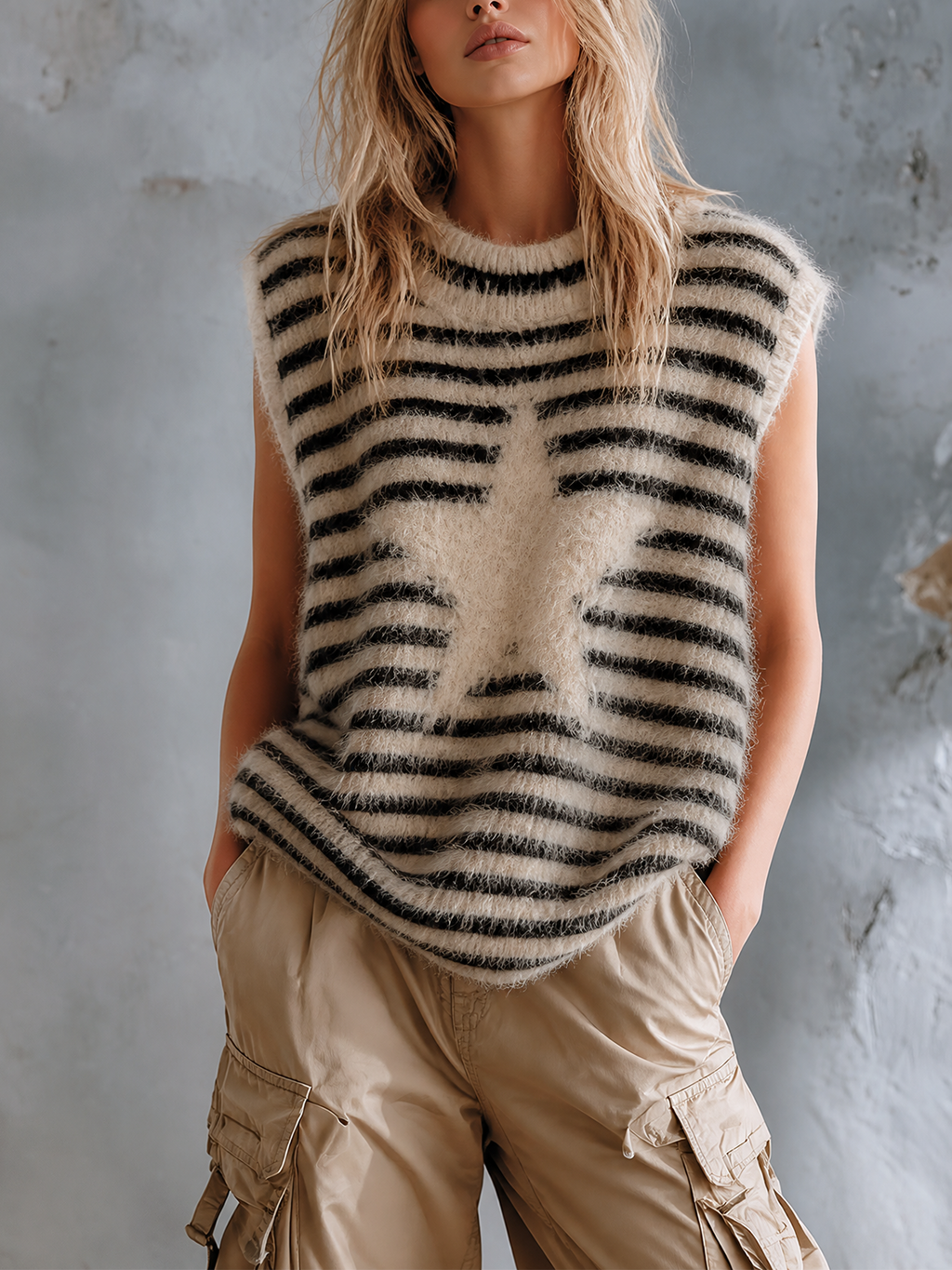 Chic Casual Off White-Black Stripes Star Jacquard Round Neck Sleeveless Loose-Fit Fuzzy Knit Vest Top