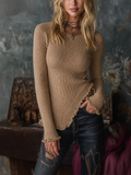 Chic Elegant Camel Round Neck Ruffled Frill Edge Long-Sleeve Asymmetrical Hem Slim-Fit Ribbed Knit Sweater