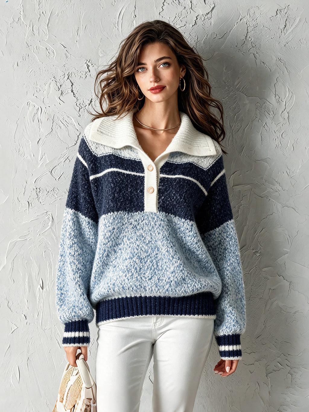 Chic Casual Blue-Navy-White Colorblock Button-Up Lapel Collar Long-Sleeve Loose-Fit Warm Wool Blend Knit Sweater