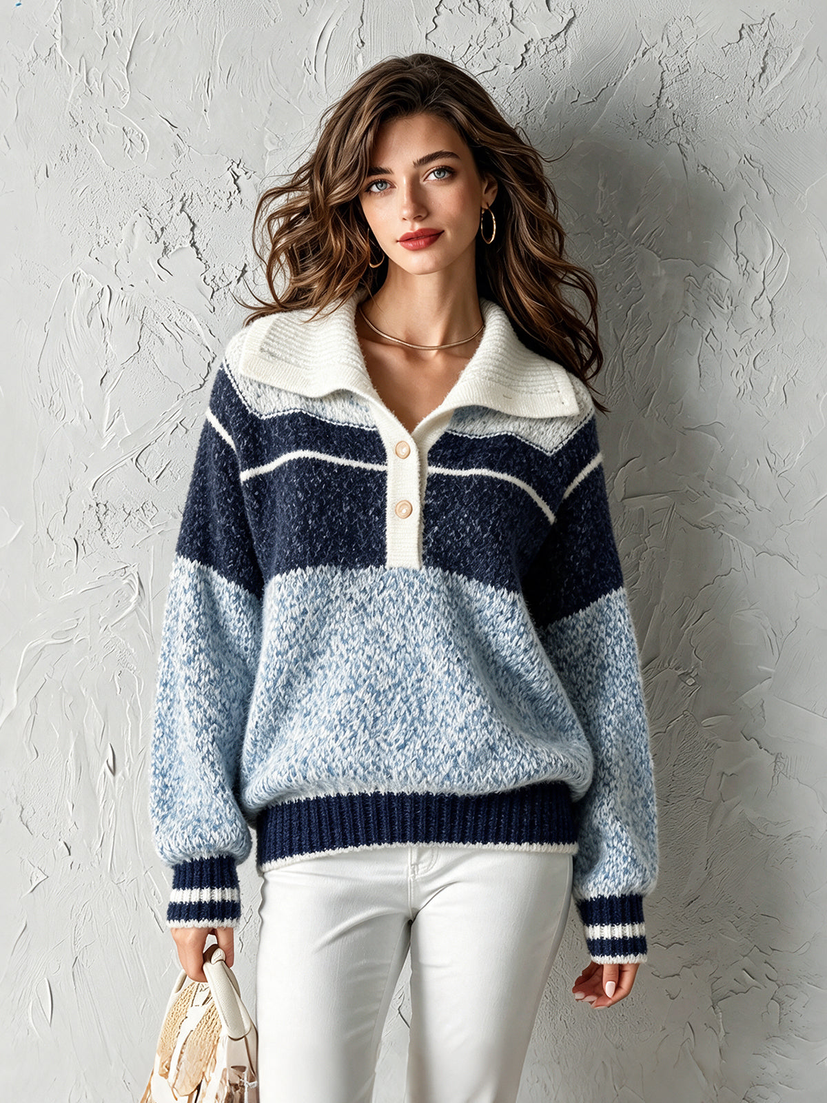 Chic Casual Blue-Navy-White Colorblock Button-Up Lapel Collar Long-Sleeve Loose-Fit Warm Wool Blend Knit Sweater