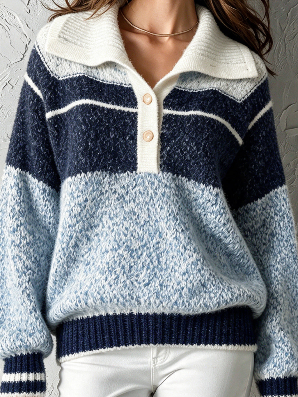 Chic Casual Blue-Navy-White Colorblock Button-Up Lapel Collar Long-Sleeve Loose-Fit Warm Wool Blend Knit Sweater