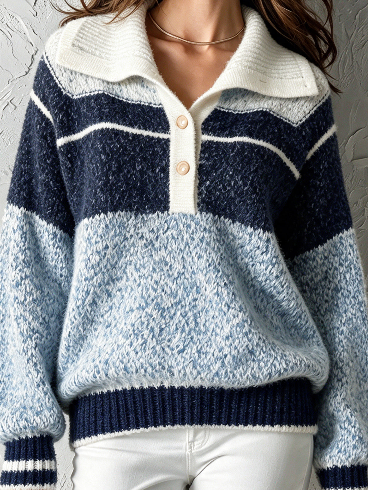 Chic Casual Blue-Navy-White Colorblock Button-Up Lapel Collar Long-Sleeve Loose-Fit Warm Wool Blend Knit Sweater