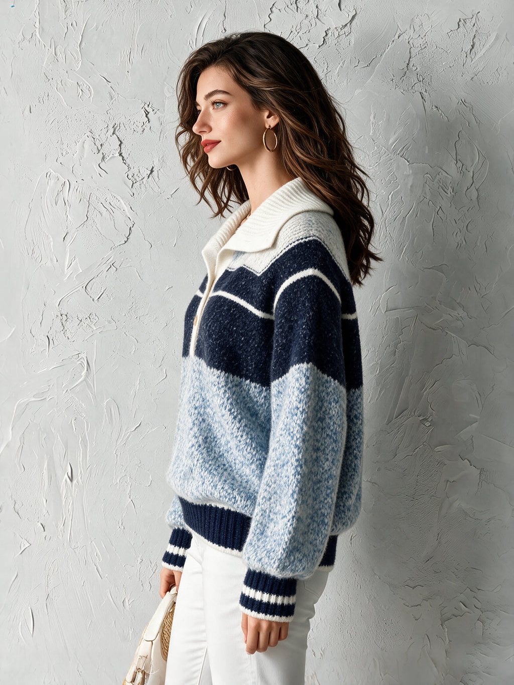 Chic Casual Blue-Navy-White Colorblock Button-Up Lapel Collar Long-Sleeve Loose-Fit Warm Wool Blend Knit Sweater