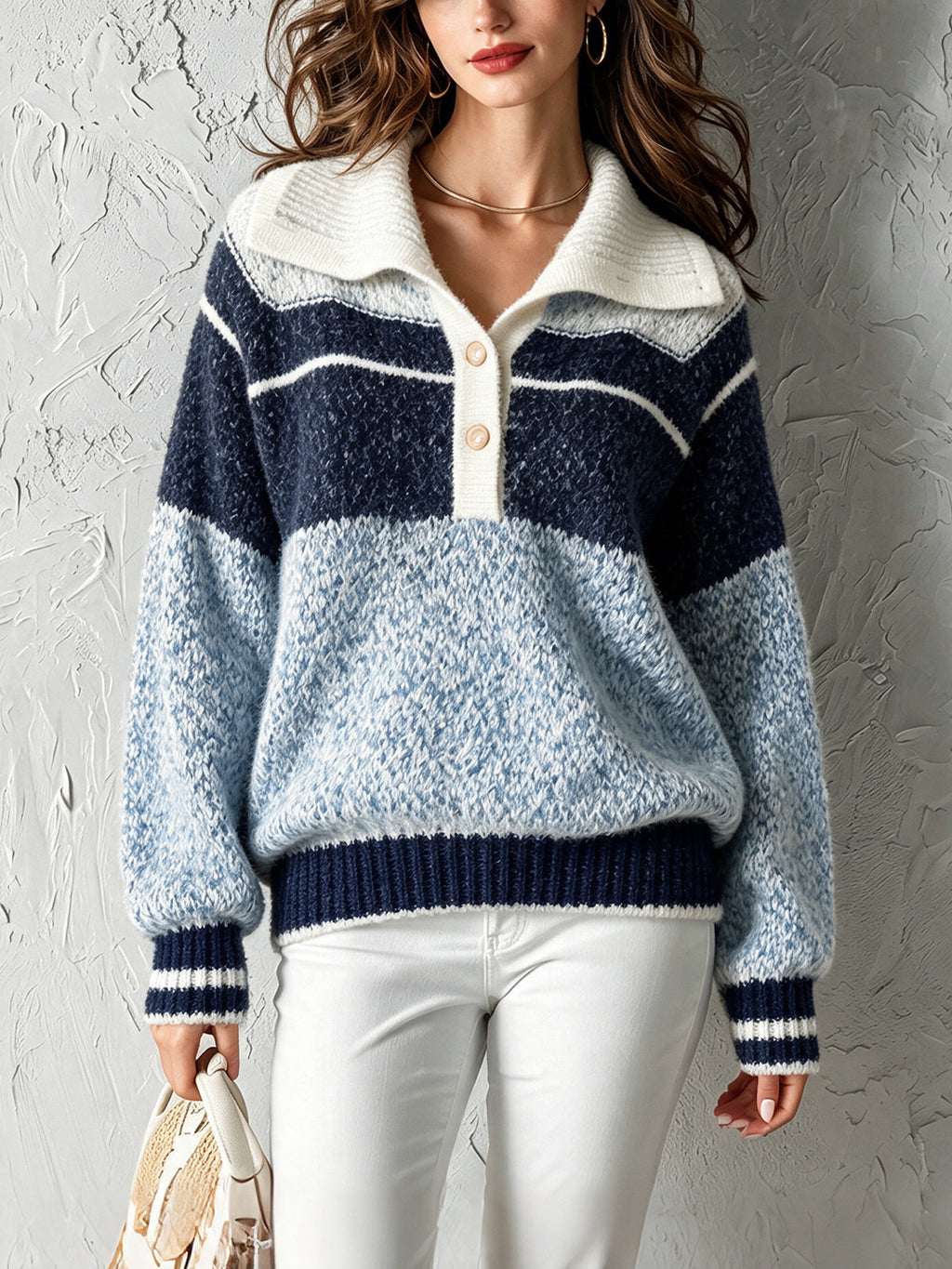 Chic Casual Blue-Navy-White Colorblock Button-Up Lapel Collar Long-Sleeve Loose-Fit Warm Wool Blend Knit Sweater