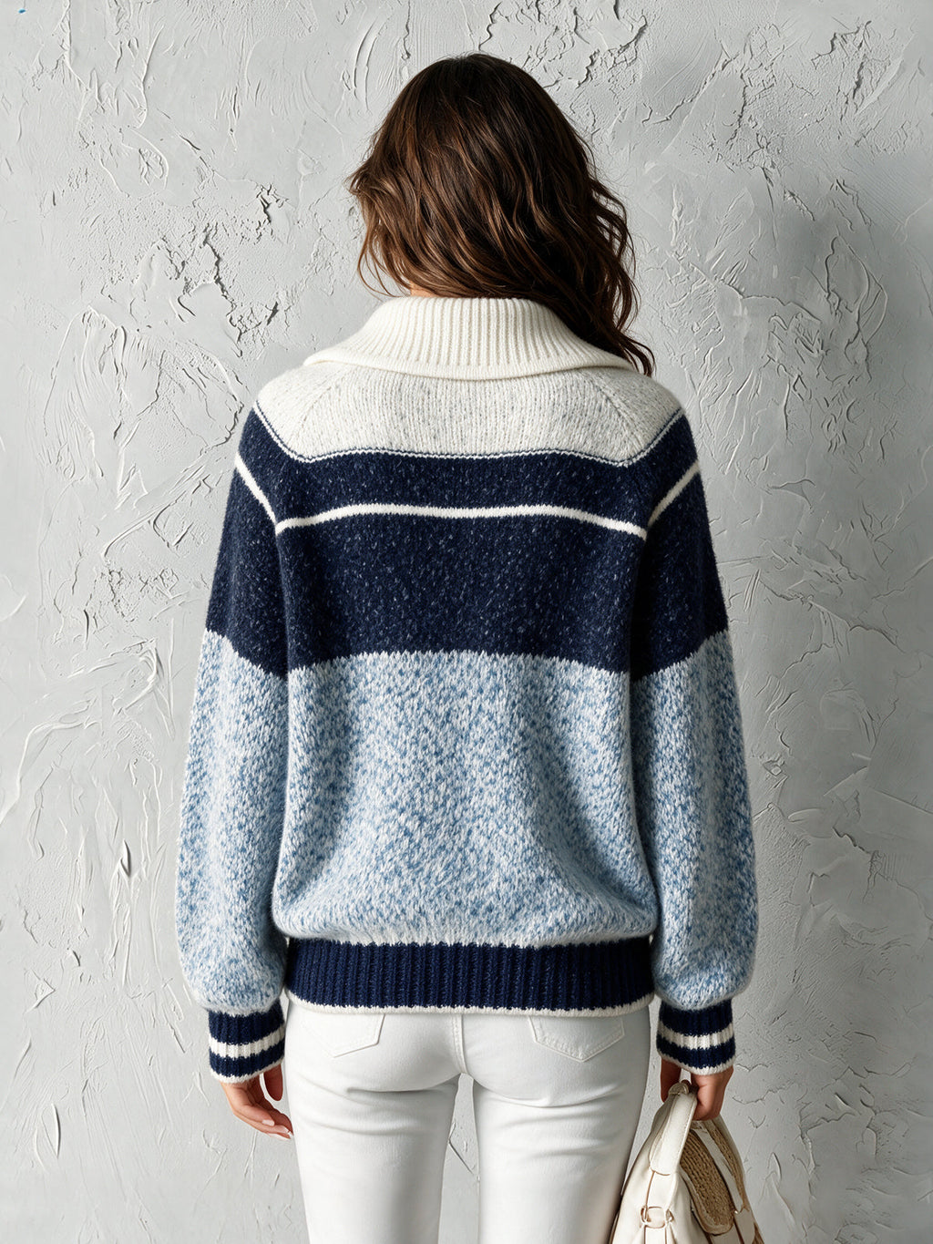 Chic Casual Blue-Navy-White Colorblock Button-Up Lapel Collar Long-Sleeve Loose-Fit Warm Wool Blend Knit Sweater
