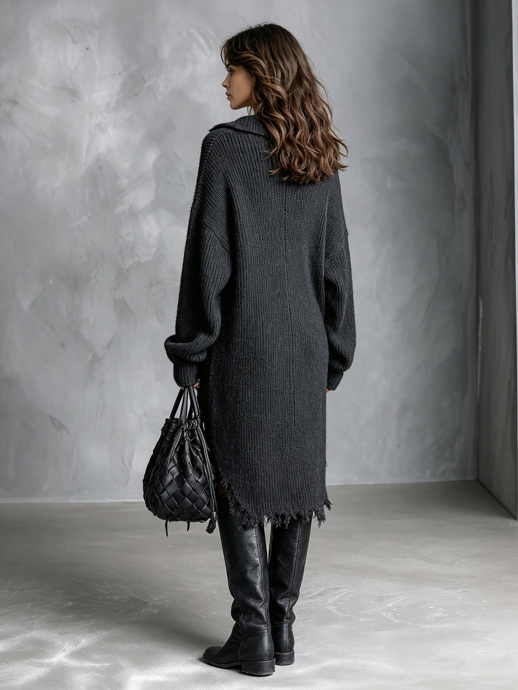 Chic Casual Black Lapel V-Neck Long-Sleeve Raw Edge Detail Asymmetrical Hem Loose-Fit Wool Blend Knit Midi Dress
