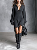 Chic Casual Black Lapel V-Neck Long-Sleeve Raw Edge Detail Asymmetrical Hem Loose-Fit Wool Blend Knit Midi Dress