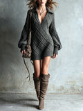 Chic Casual Gray 3D Argyle Pattern Jacquard Lapel V-Neck Long-Lantern-Sleeve Slim-Fit Wool Blend Knit Mini Dress