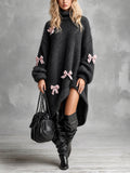 Chic Elegant Black Turtleneck Long-Lantern-Sleeve Bow-Knot Detail Asymmetrical Hem Oversized Mohair Blend Knit Midi Dress