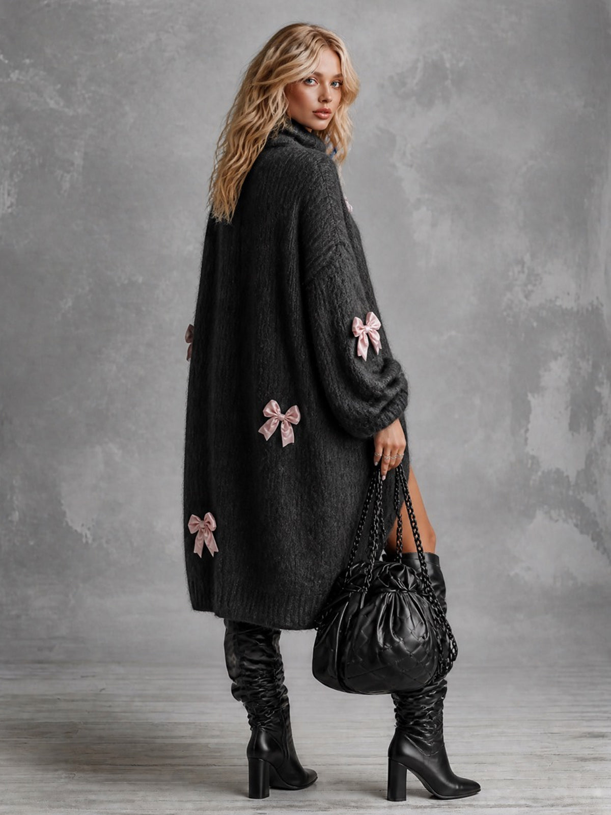 Chic Elegant Black Turtleneck Long-Lantern-Sleeve Bow-Knot Detail Asymmetrical Hem Oversized Mohair Blend Knit Midi Dress