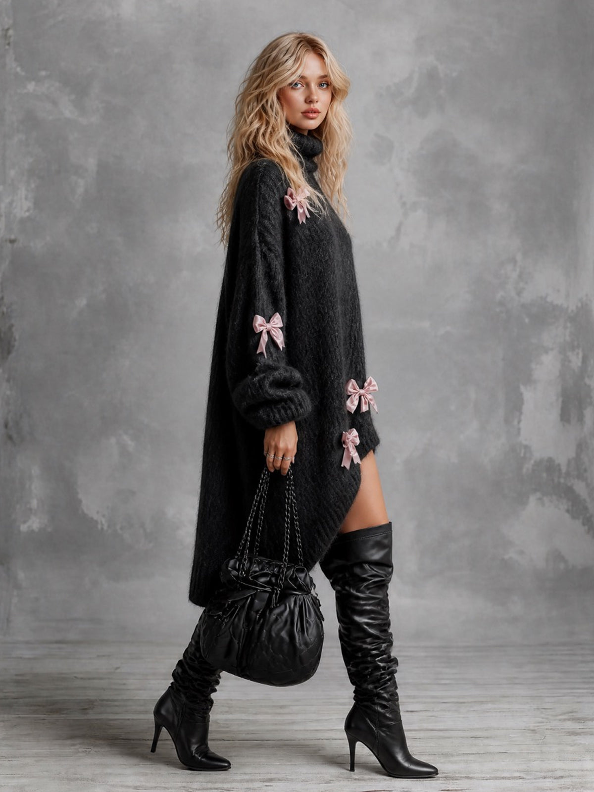 Chic Elegant Black Turtleneck Long-Lantern-Sleeve Bow-Knot Detail Asymmetrical Hem Oversized Mohair Blend Knit Midi Dress