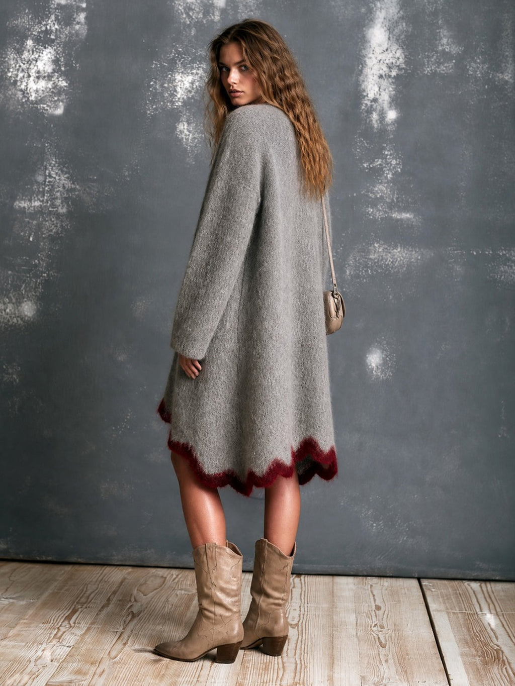 Chic Elegant Gray V-Neck Single-Breasted Long-Sleeve Red Trim Detail Loose-Fit Mohair Blend Knit Midi Dress
