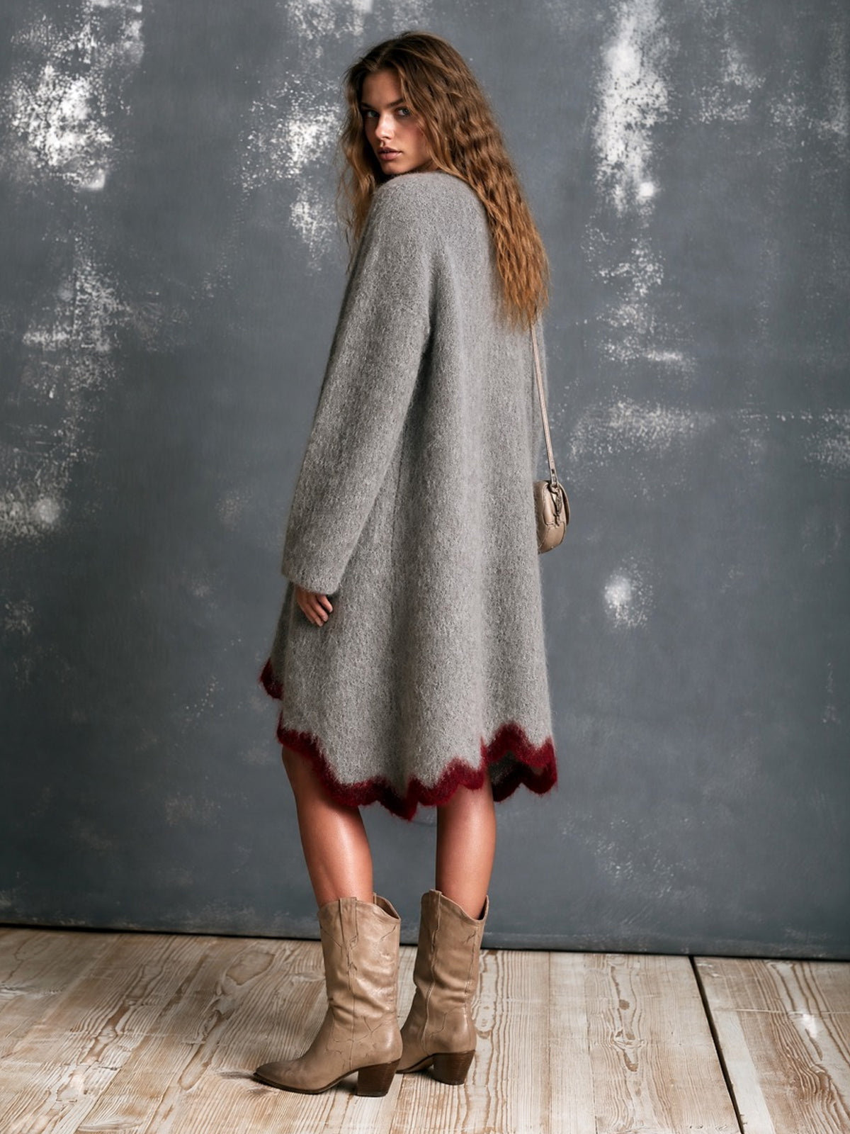 Chic Elegant Gray V-Neck Single-Breasted Long-Sleeve Red Trim Detail Loose-Fit Mohair Blend Knit Midi Dress