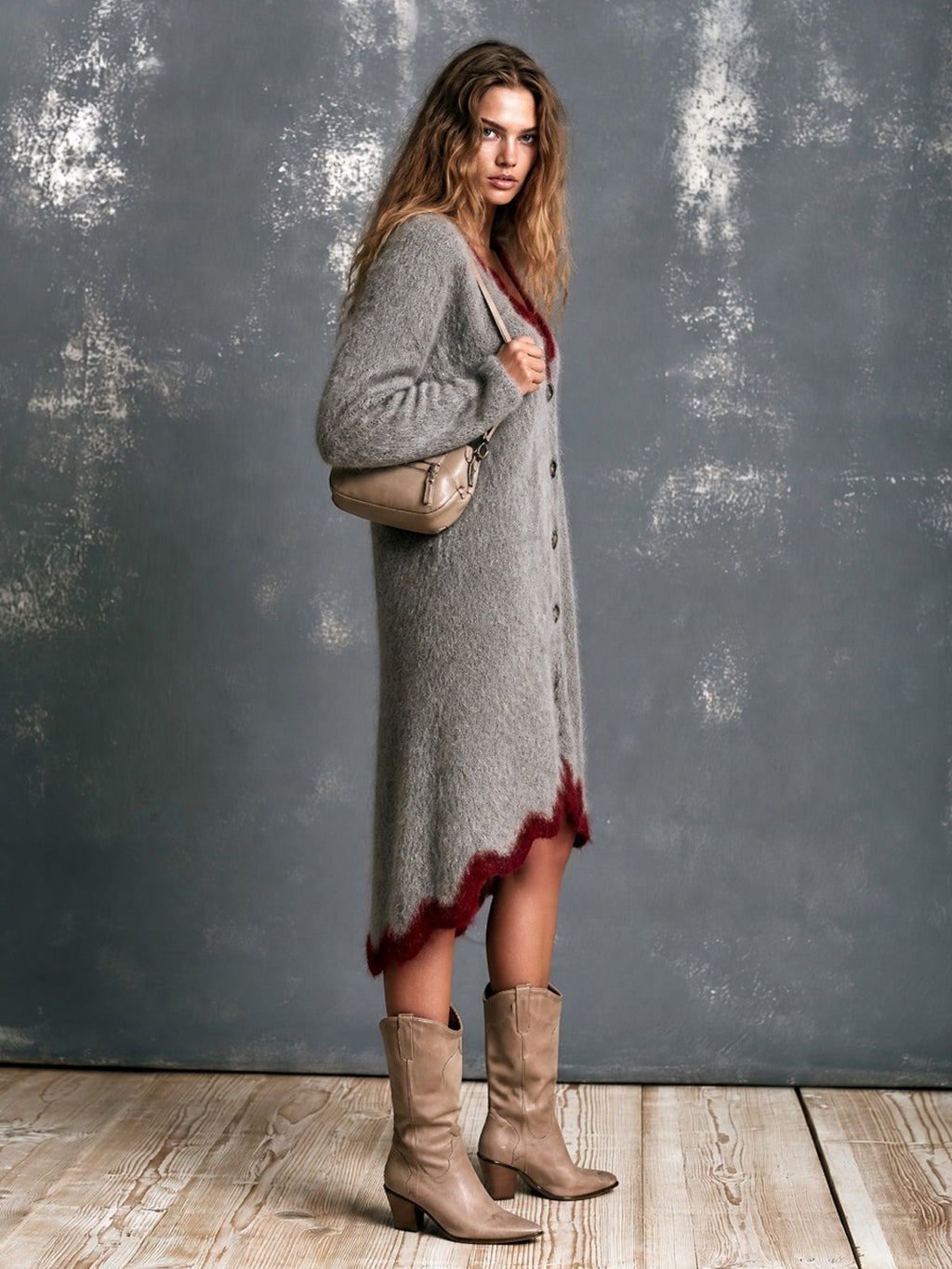 Chic Elegant Gray V-Neck Single-Breasted Long-Sleeve Red Trim Detail Loose-Fit Mohair Blend Knit Midi Dress