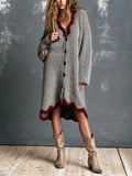 Chic Elegant Gray V-Neck Single-Breasted Long-Sleeve Red Trim Detail Loose-Fit Mohair Blend Knit Midi Dress