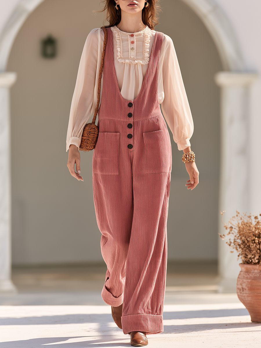 Retro-chic Wide U-neck Pink Corduroy Overalls