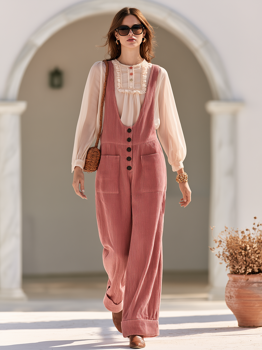 Retro-chic Wide U-neck Pink Corduroy Overalls