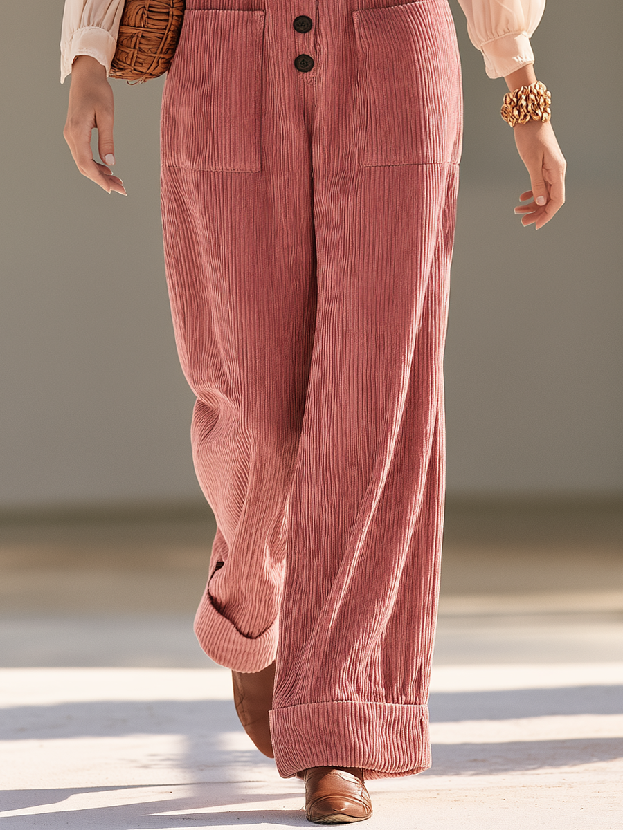 Retro-chic Wide U-neck Pink Corduroy Overalls
