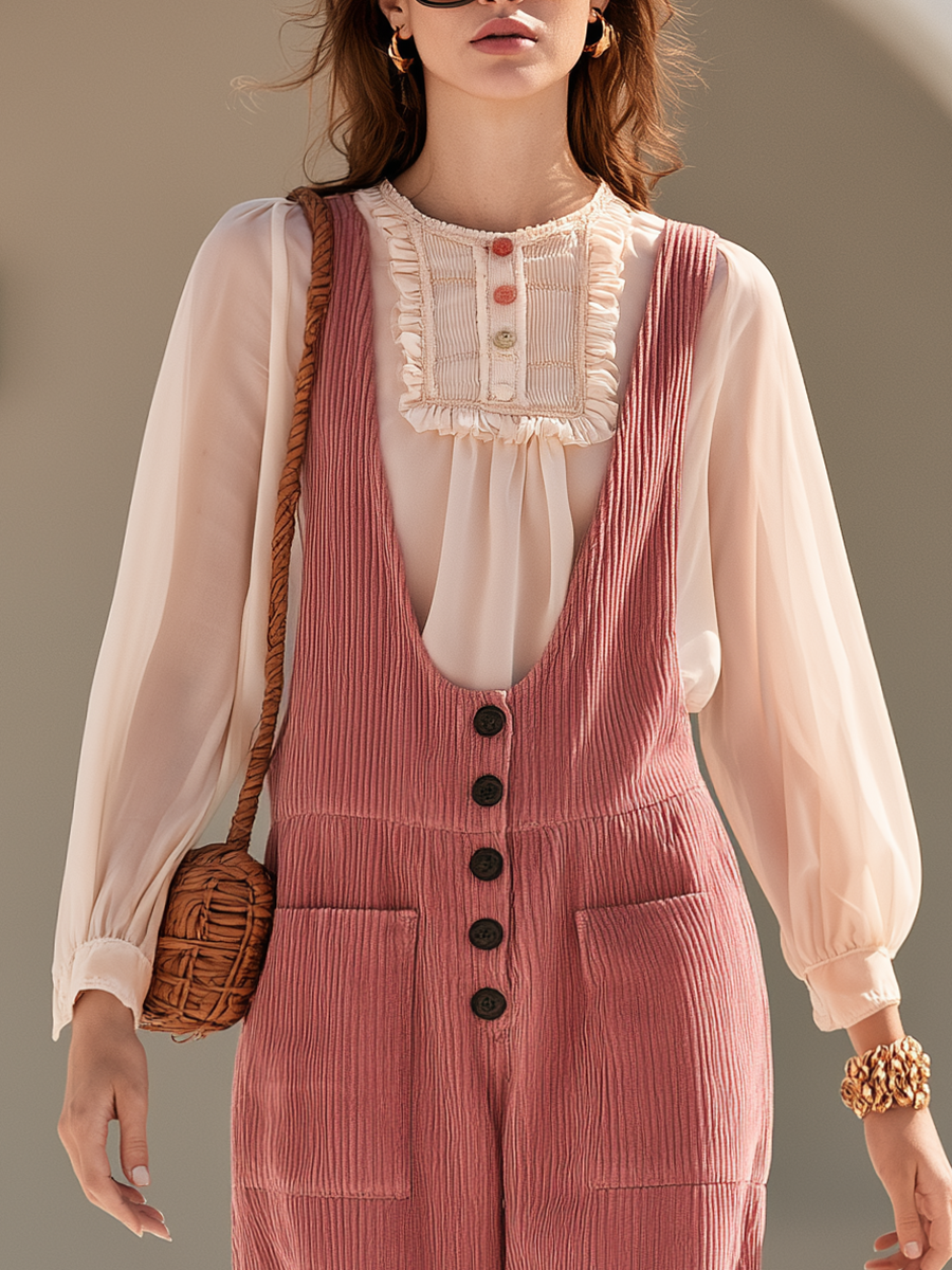 Retro-chic Wide U-neck Pink Corduroy Overalls
