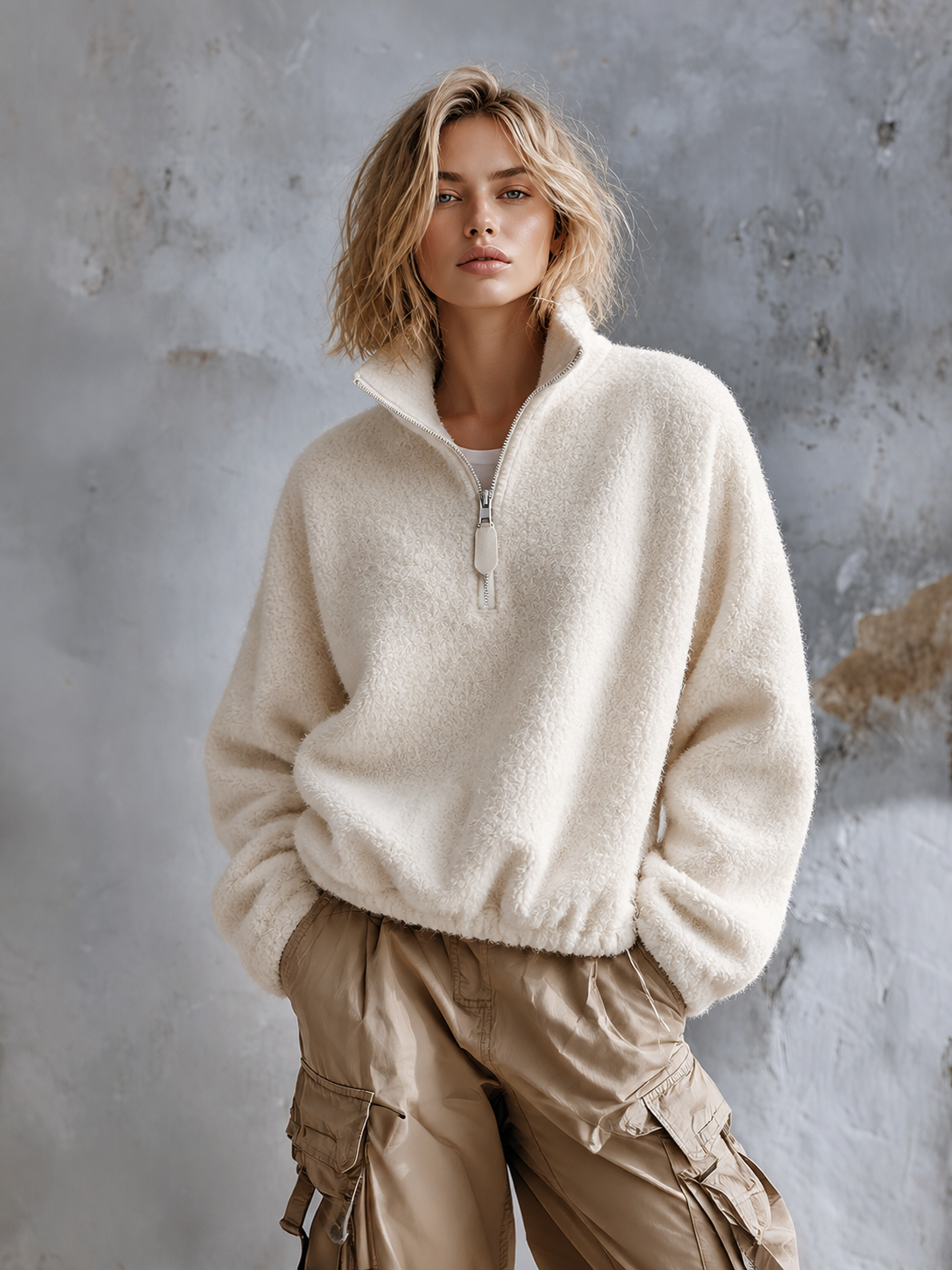 Chic Casual Off White Stand Collar Half‑Zip Dropped-Shoulder Long-Sleeve Elastic Hem Loose-Fit Sherpa Fleece Sweatshirt