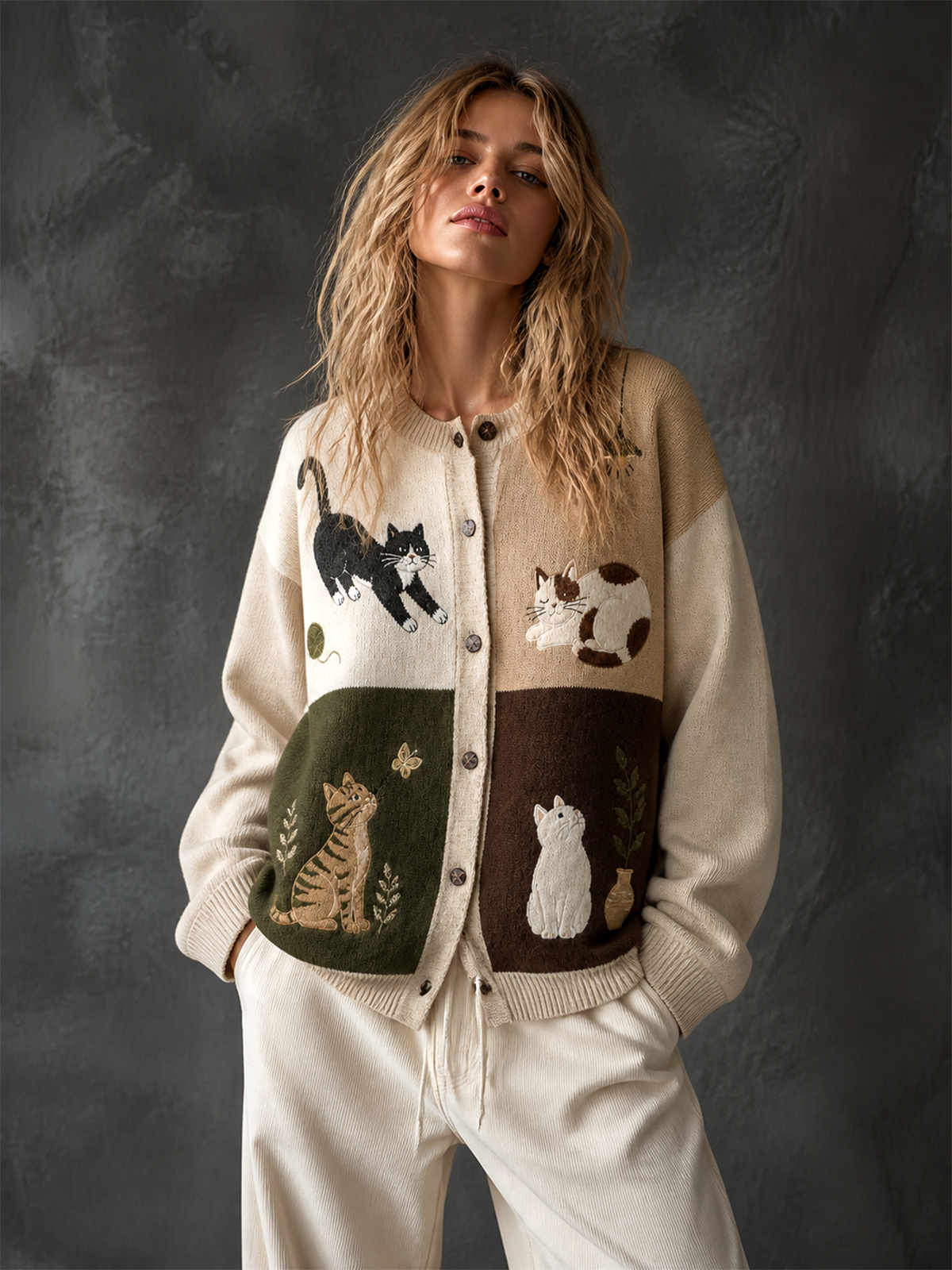 Chic Casual Off‑White Single-Breasted Quartered Colorblock Panel Cat Embroidery Long Sleeve Loose-Fit Wool‑Blend Knit Cardigan