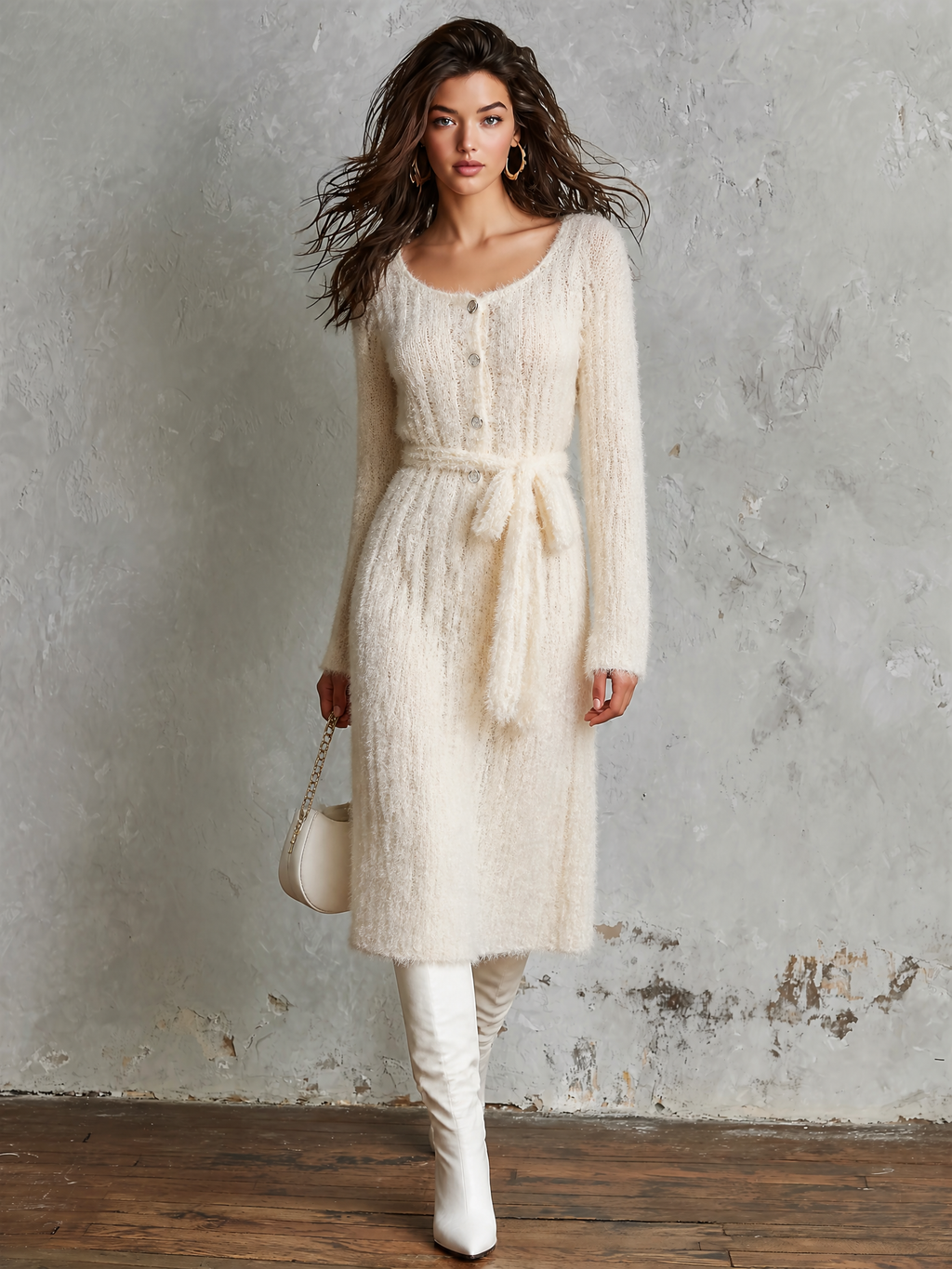 Chic Elegant Off‑White Scoop Neck Button-Front Long-Sleeve Self‑Tie Waist Belt Loose-Fit Fuzzy Knit Midi Dress