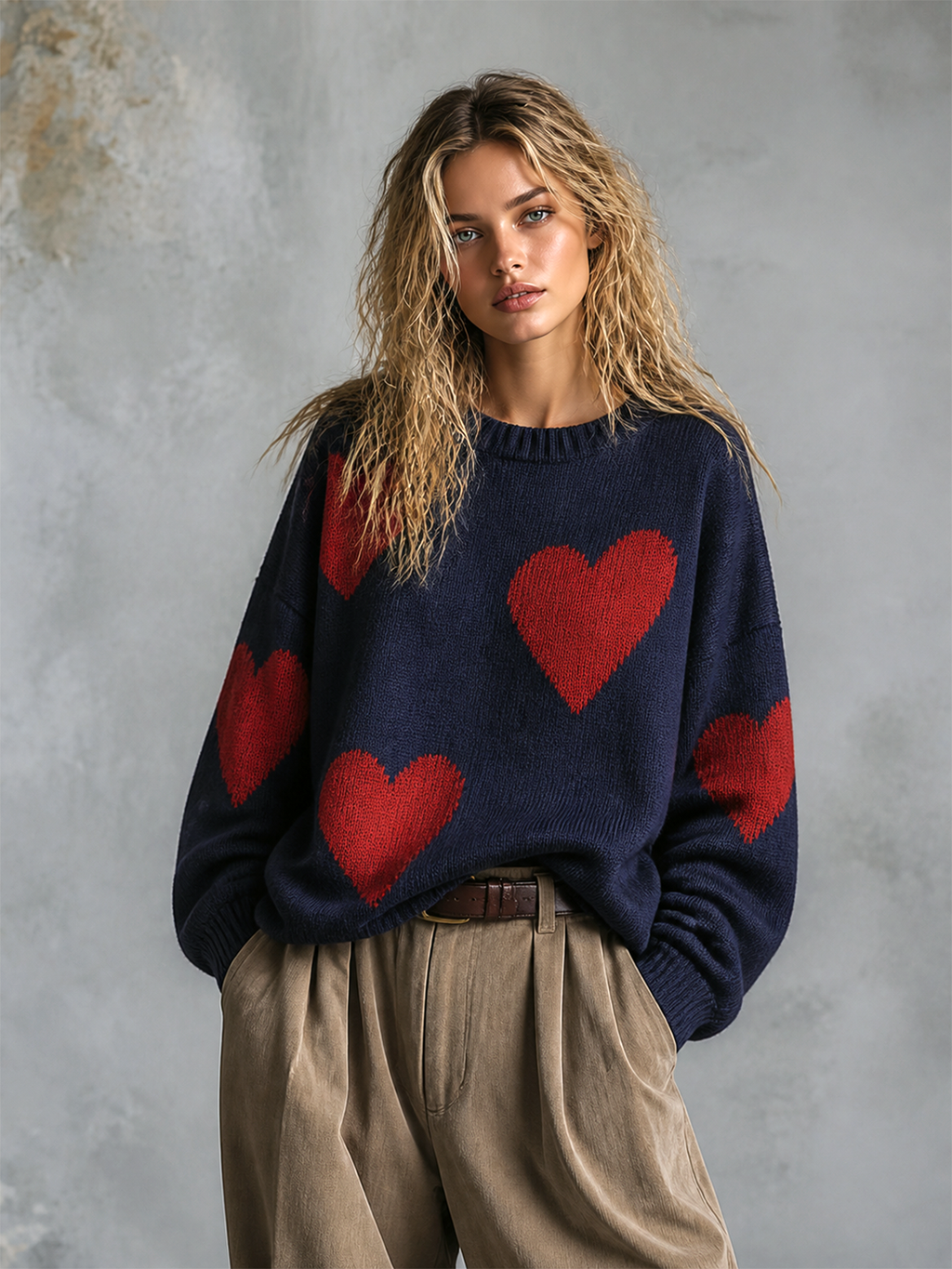 Chic Elegant Navy Blue Round Neck Red Heart Jacquard Dropped-Shoulder Long-Sleeve Loose-Fit Knit Sweater