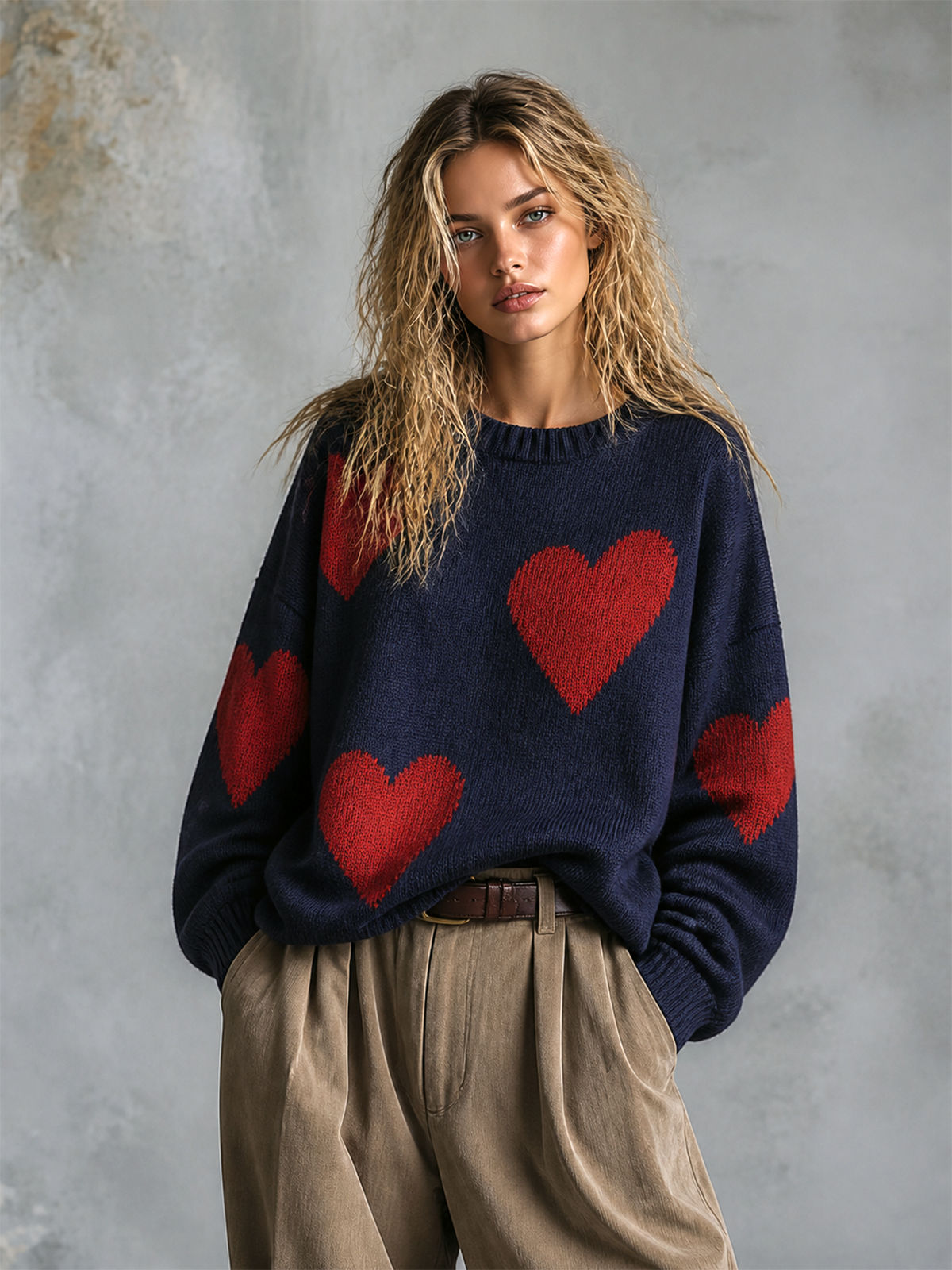 Chic Elegant Navy Blue Round Neck Red Heart Jacquard Dropped-Shoulder Long-Sleeve Loose-Fit Knit Sweater