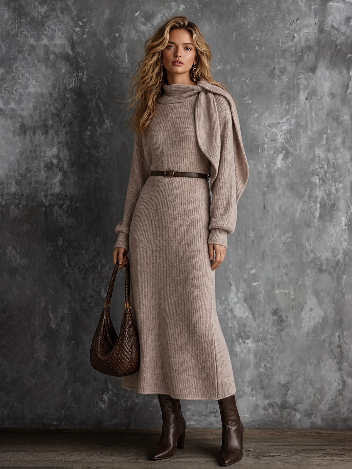 Chic Elegant Taupe Scarf Cowl Neck Long-Sleeve Leather Belt Loose-Fit A‑line Ribbed Wool‑Blend Knit Maxi Dress