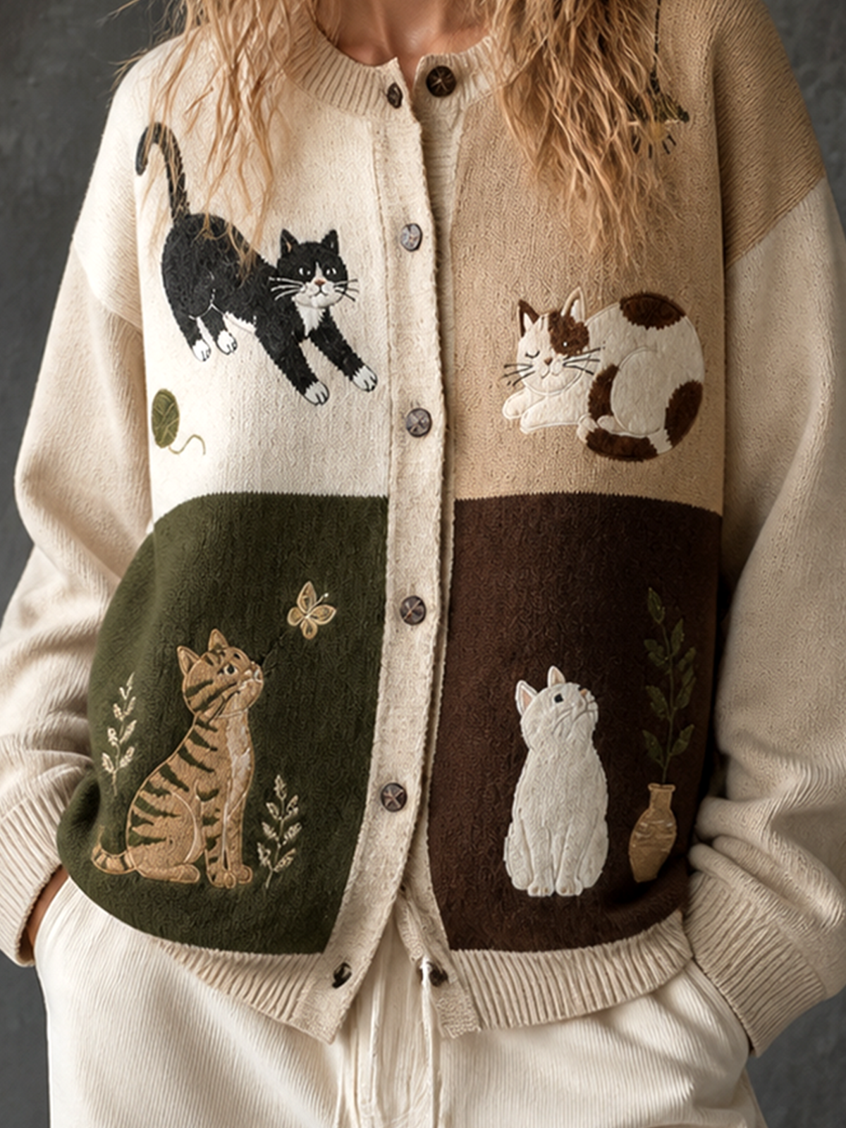 Chic Casual Off‑White Single-Breasted Quartered Colorblock Panel Cat Embroidery Long Sleeve Loose-Fit Wool‑Blend Knit Cardigan