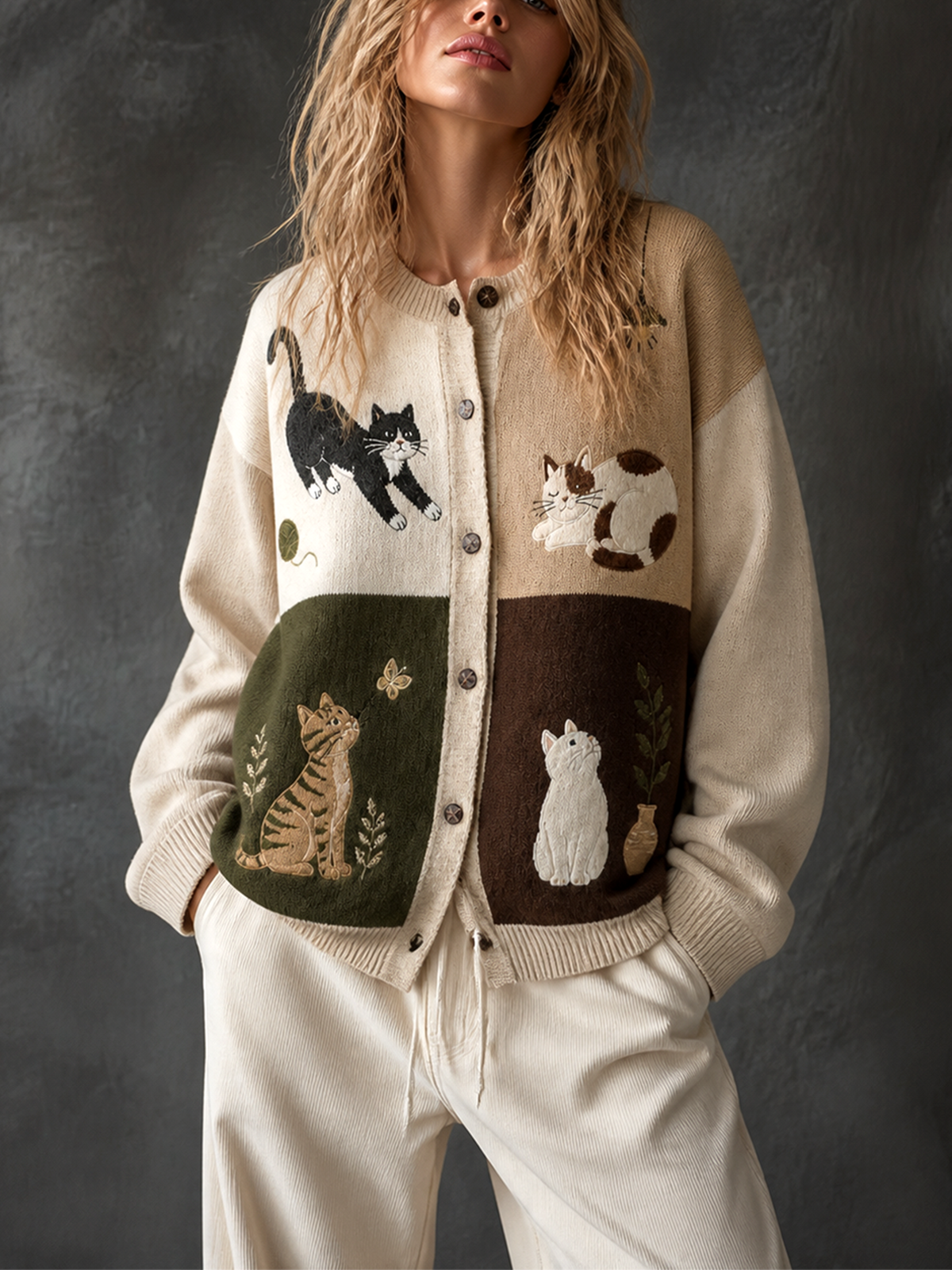 Chic Casual Off‑White Single-Breasted Quartered Colorblock Panel Cat Embroidery Long Sleeve Loose-Fit Wool‑Blend Knit Cardigan