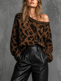 Chic Elegant Brown-Black Colorblock Off‑Shoulder Leopard Jacquard Dropped-Shoulder Long-Sleeve Loose-Fit Knit Sweater