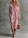 Chic Elegant Pink-Beige Zebra Jacquard Lapel-Collar Single-Breasted Long-Sleeve Patch Pocket Loose-Fit Wool Blend Knit Midi Dress