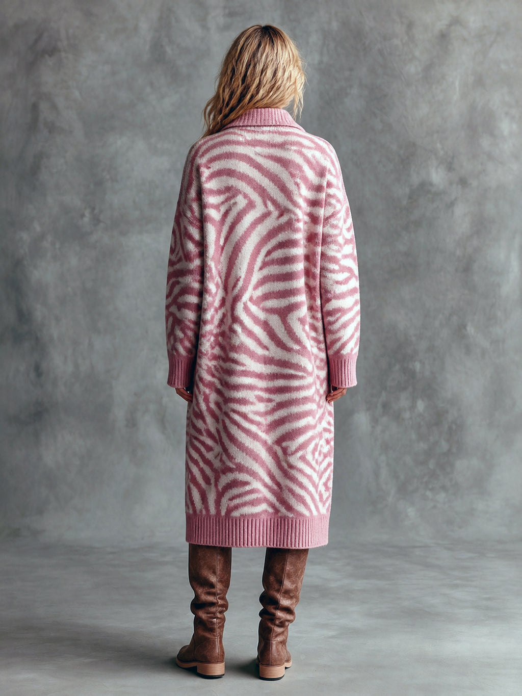 Chic Elegant Pink-Beige Zebra Jacquard Lapel-Collar Single-Breasted Long-Sleeve Patch Pocket Loose-Fit Wool Blend Knit Midi Dress