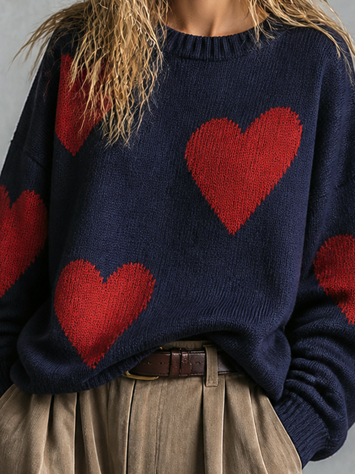 Chic Elegant Navy Blue Round Neck Red Heart Jacquard Dropped-Shoulder Long-Sleeve Loose-Fit Knit Sweater