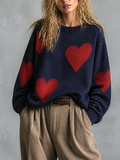 Chic Elegant Navy Blue Round Neck Red Heart Jacquard Dropped-Shoulder Long-Sleeve Loose-Fit Knit Sweater