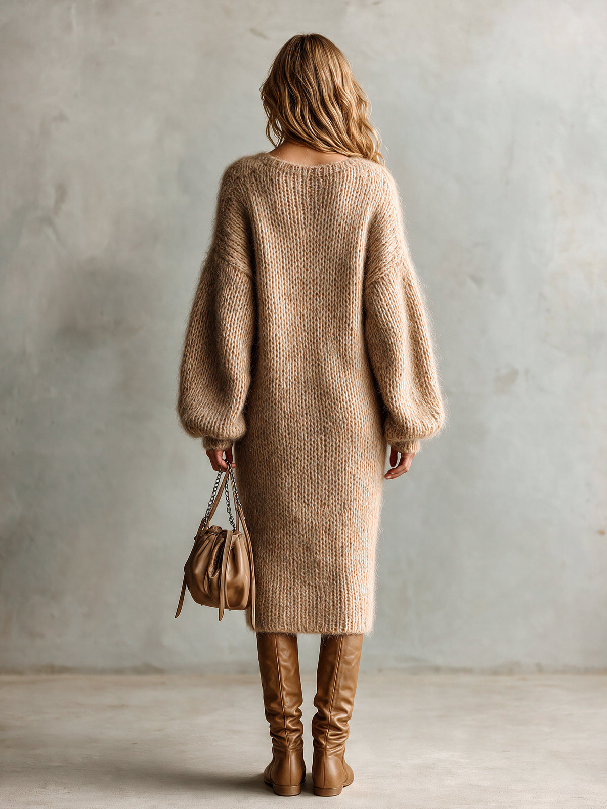 Chic Elegant Camel Square-Neck Dropped-Shoulder Long-Lantern-Sleeve Side-Slit Button Detail Loose-Fit Mohair Knit Midi Dress