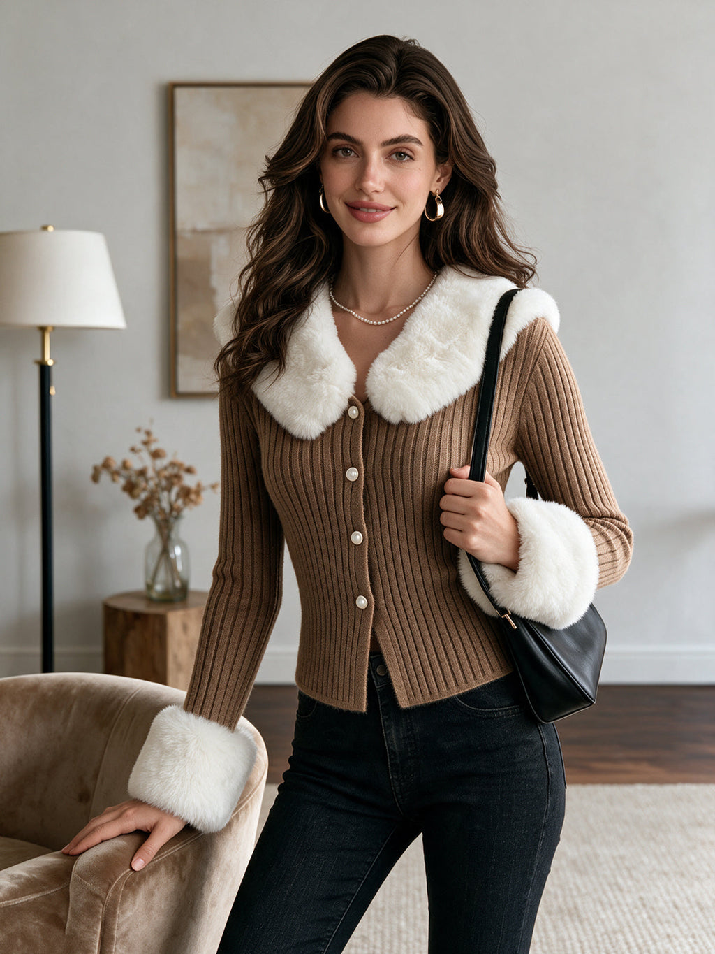 Chic Elegant Brown Lapel Collar Single-Breasted Long-Sleeve Faux Fur Detail Slim-Fit Wool Blend Ribbed Knit Cardigan Top
