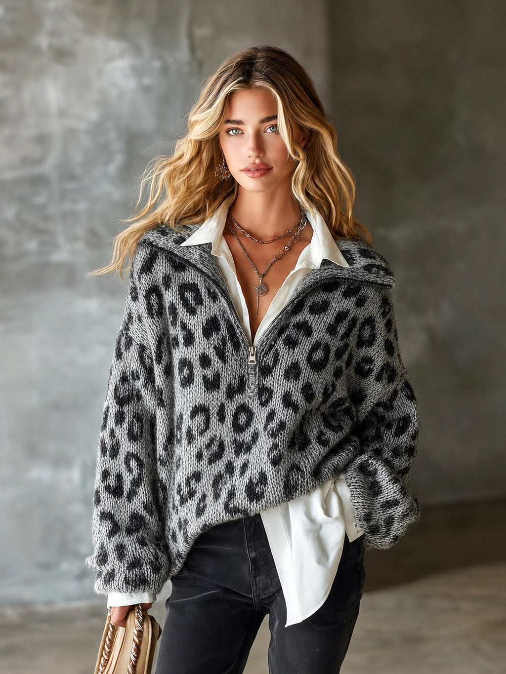 Chic Elegant Gray-Black Leopard Jacquard Zipper-Up Lapel Collar Long-Sleeve Loose-Fit Wool Blend Knit Sweater