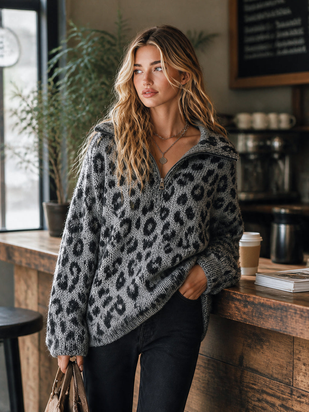 Chic Elegant Gray-Black Leopard Jacquard Zipper-Up Lapel Collar Long-Sleeve Loose-Fit Wool Blend Knit Sweater