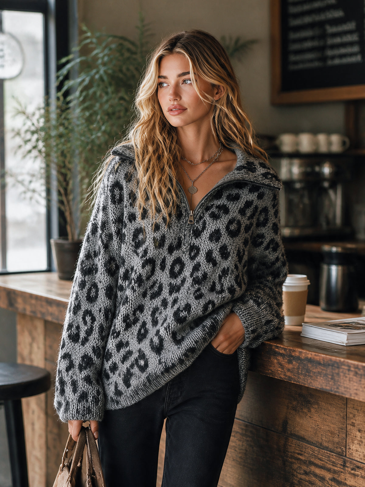 Chic Elegant Gray-Black Leopard Jacquard Zipper-Up Lapel Collar Long-Sleeve Loose-Fit Wool Blend Knit Sweater