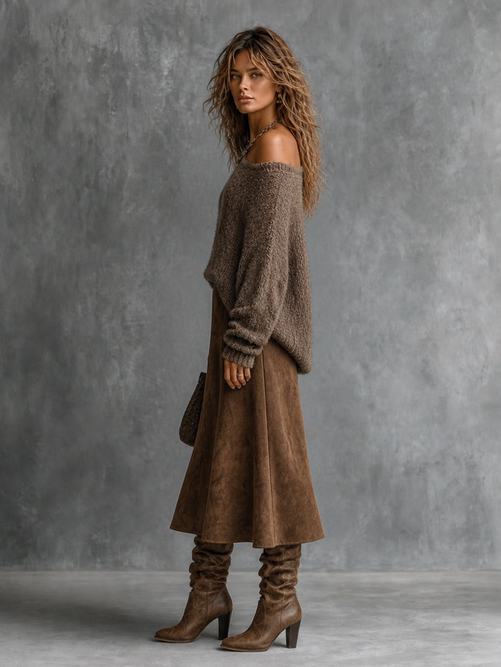 Chic Elegant Brown One-Shoulder Cutout Detail Long-Sleeve Loose-Fit Sweater Faux Suede A-Line Midi Skirt Two-Piece Set