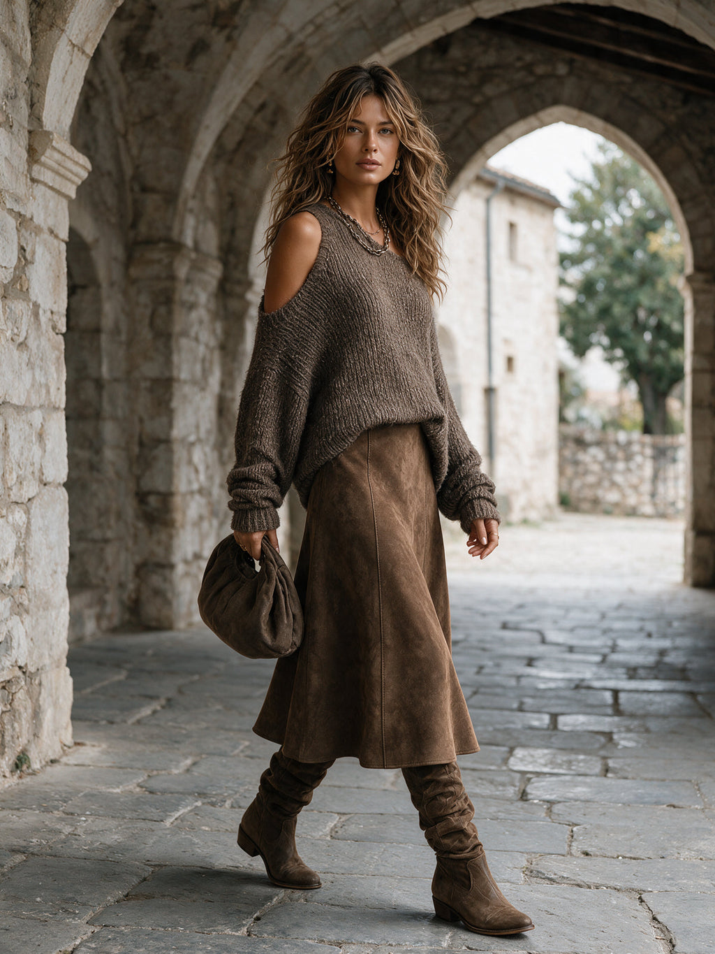 Chic Elegant Brown One-Shoulder Cutout Detail Long-Sleeve Loose-Fit Sweater Faux Suede A-Line Midi Skirt Two-Piece Set