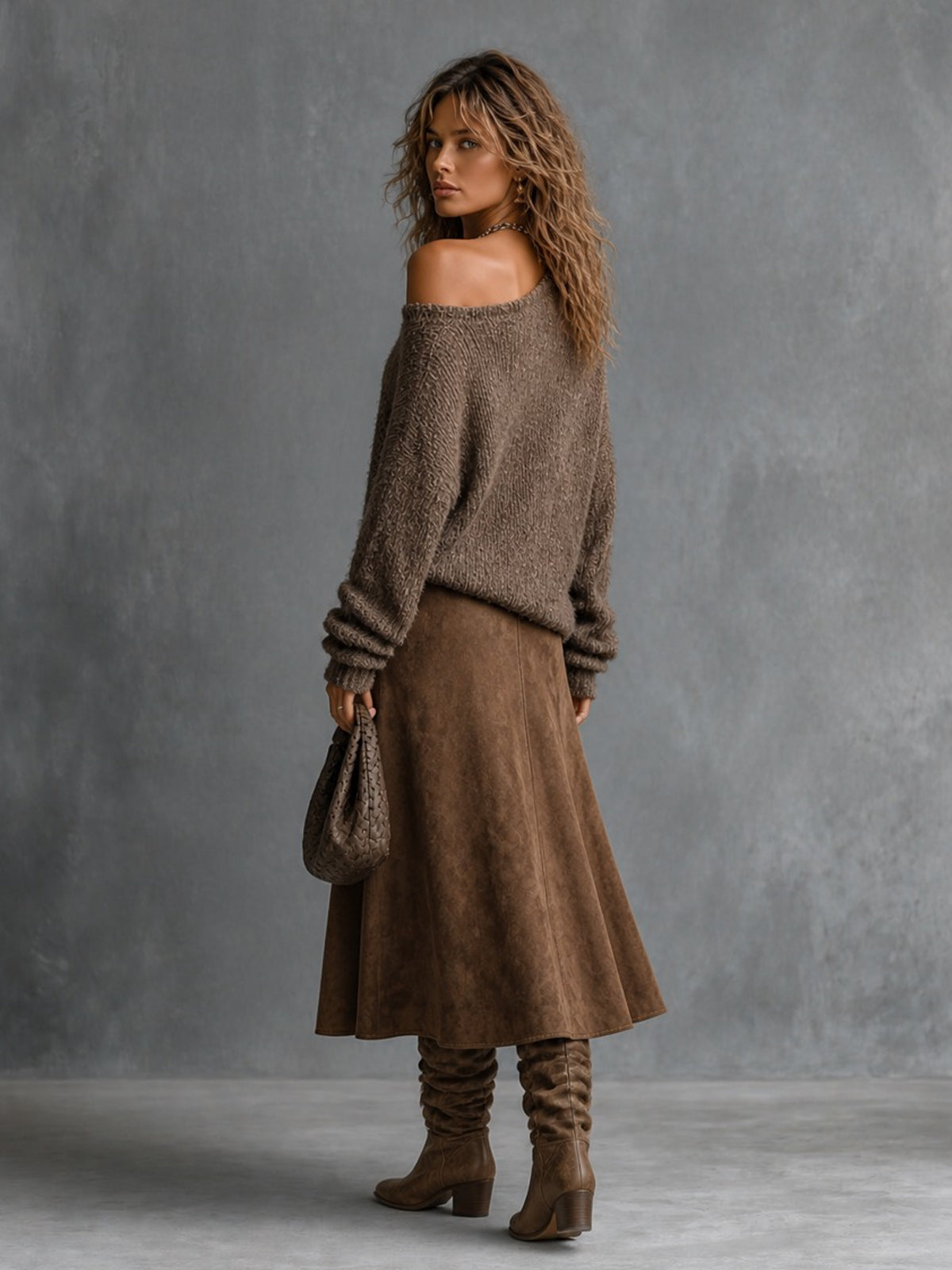 Chic Elegant Brown One-Shoulder Cutout Detail Long-Sleeve Loose-Fit Sweater Faux Suede A-Line Midi Skirt Two-Piece Set