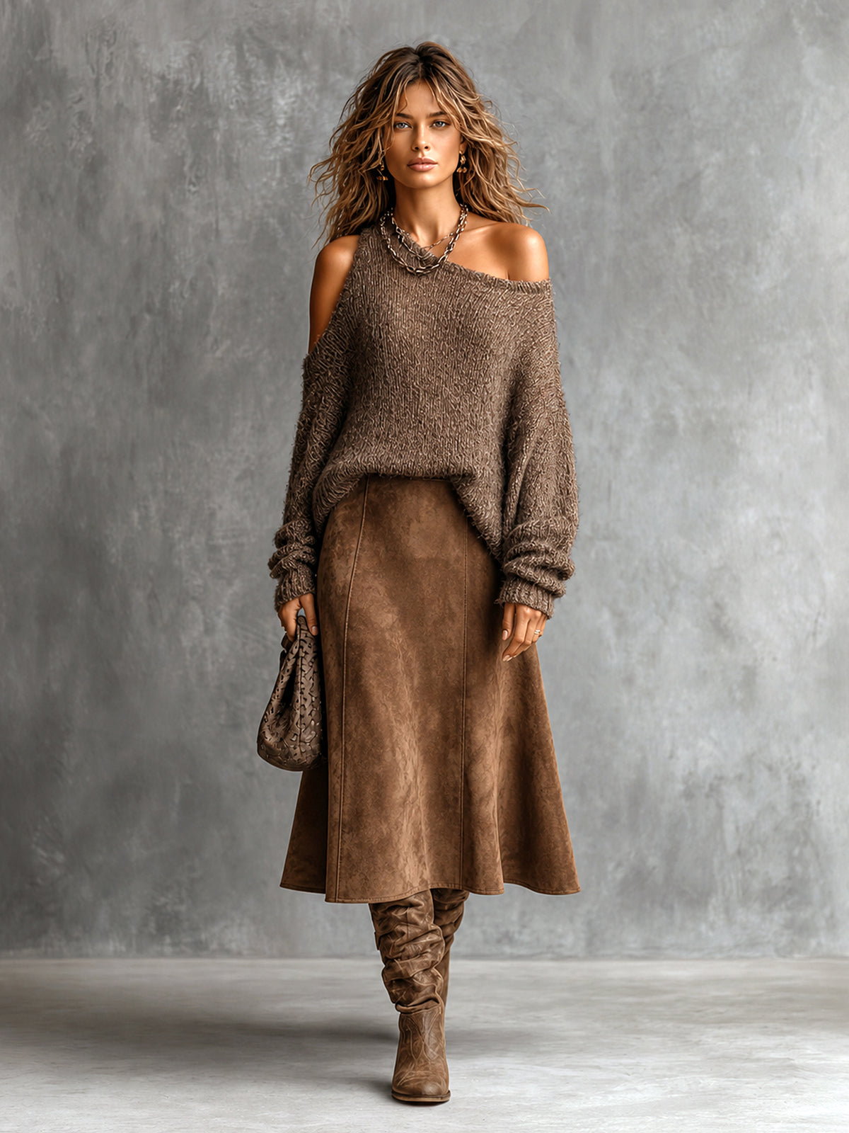 Chic Elegant Brown One-Shoulder Cutout Detail Long-Sleeve Loose-Fit Sweater Faux Suede A-Line Midi Skirt Two-Piece Set