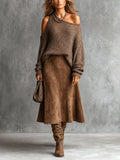 Chic Elegant Brown One-Shoulder Cutout Detail Long-Sleeve Loose-Fit Sweater Faux Suede A-Line Midi Skirt Two-Piece Set
