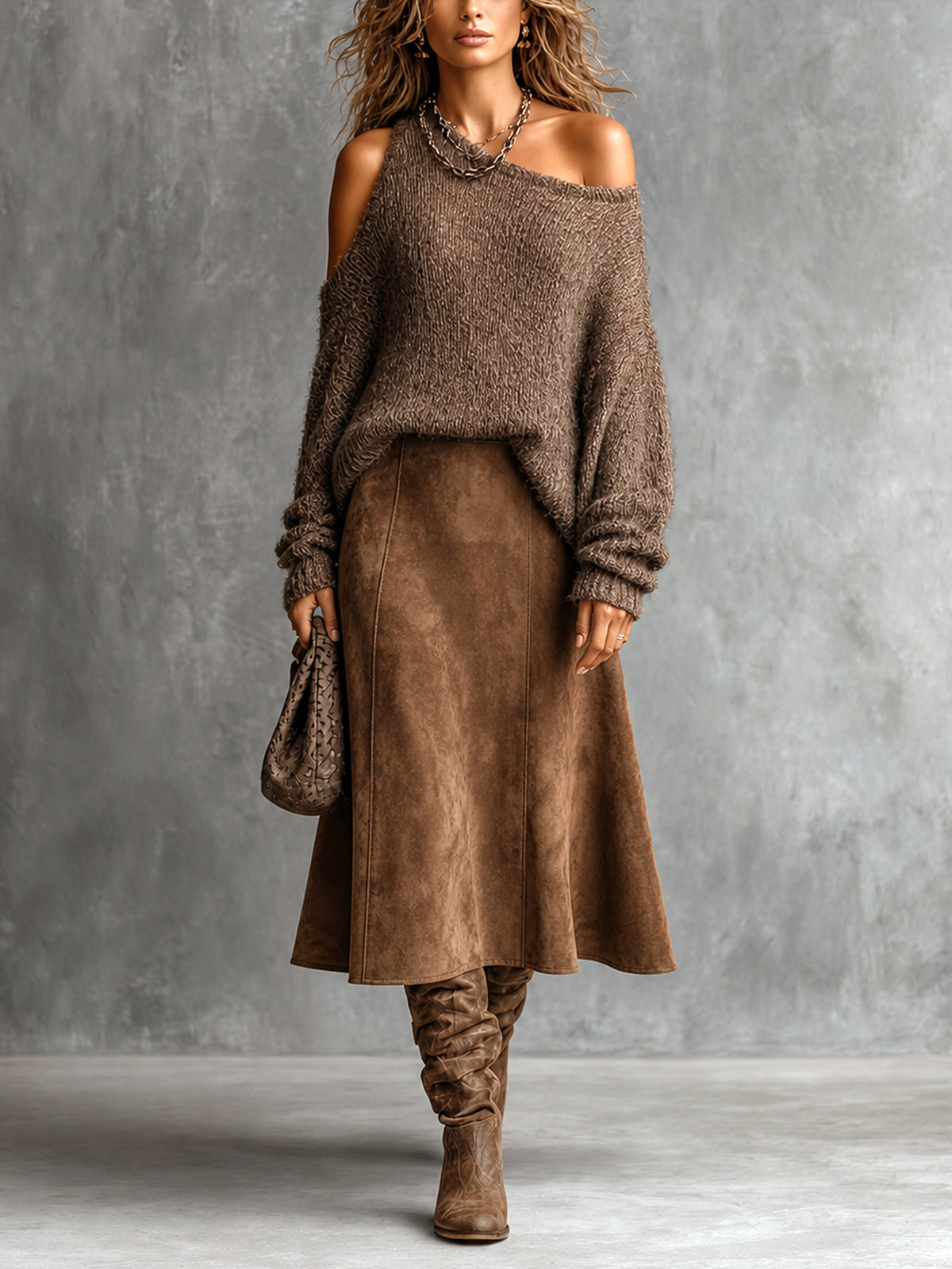 Chic Elegant Brown One-Shoulder Cutout Detail Long-Sleeve Loose-Fit Sweater Faux Suede A-Line Midi Skirt Two-Piece Set